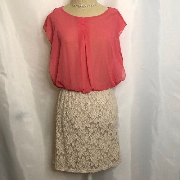 Speechless Woman’s Coral/Beige Lace Chiffon Top Lined Mini Dress Size L - Picture 1 of 12